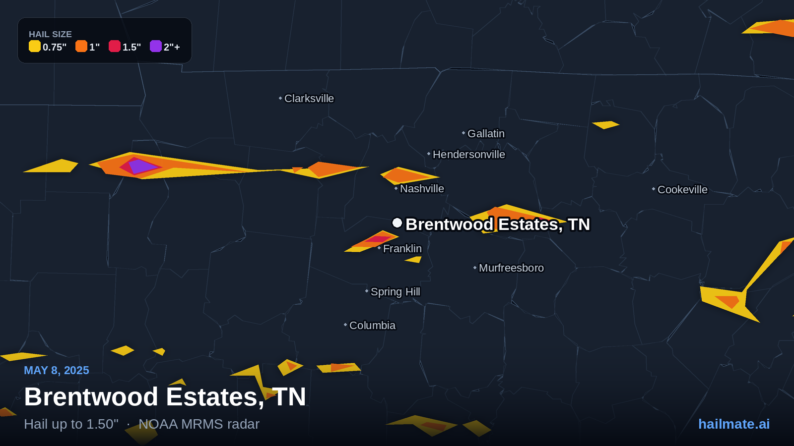 Hail swath map for Brentwood Estates, TN on May 8, 2025 showing 1.50 inch hail.
