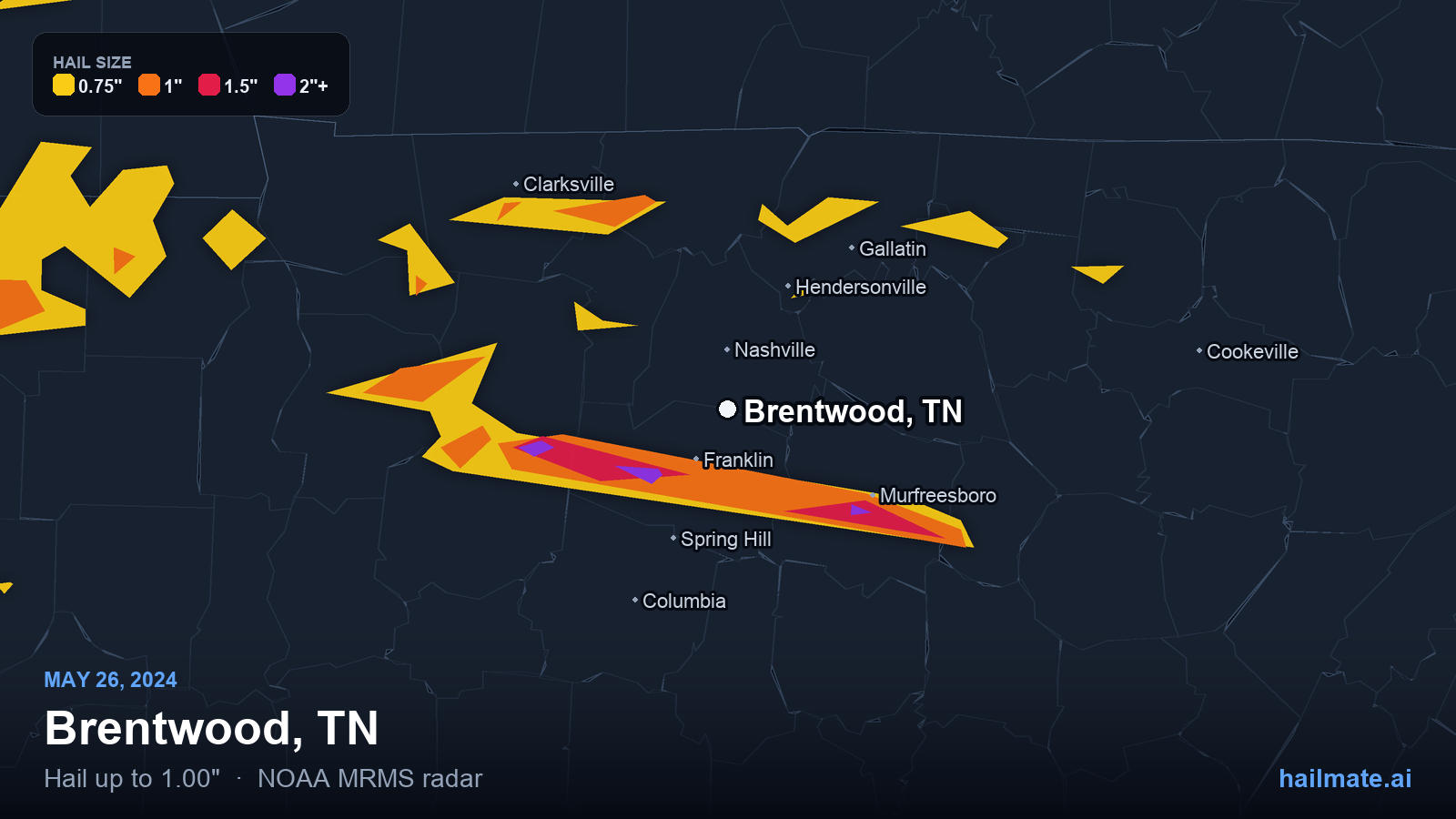 Hail swath map for Brentwood, TN on May 26, 2024 showing 1.00 inch hail.