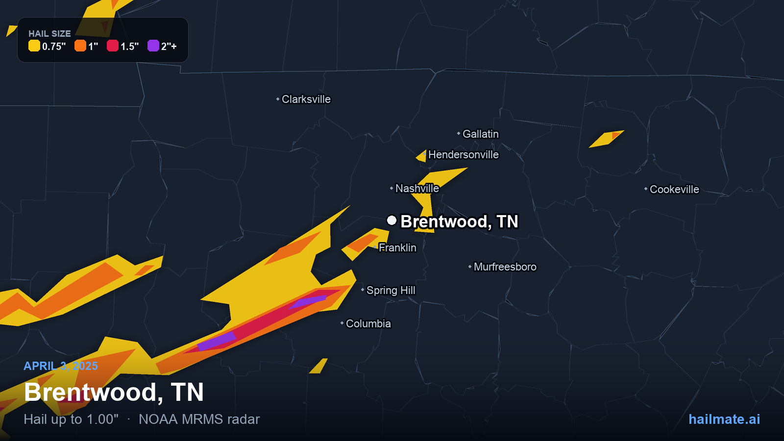 Hail swath map for Brentwood, TN on April 3, 2025 showing 1.00 inch hail.