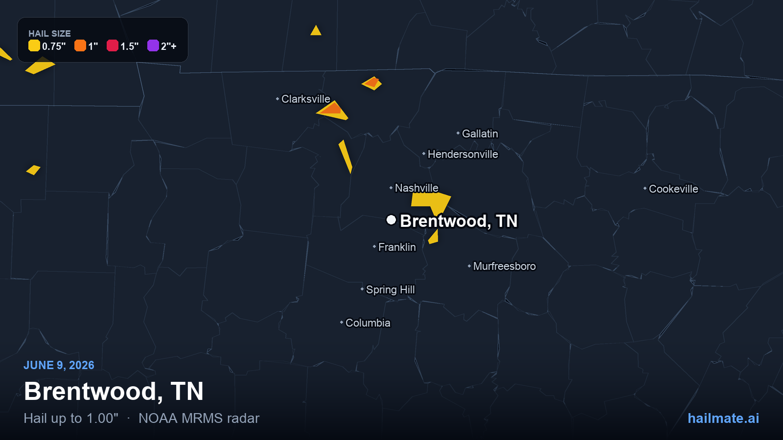 Hail swath map for Brentwood, TN on June 9, 2026 showing 1.00 inch hail.