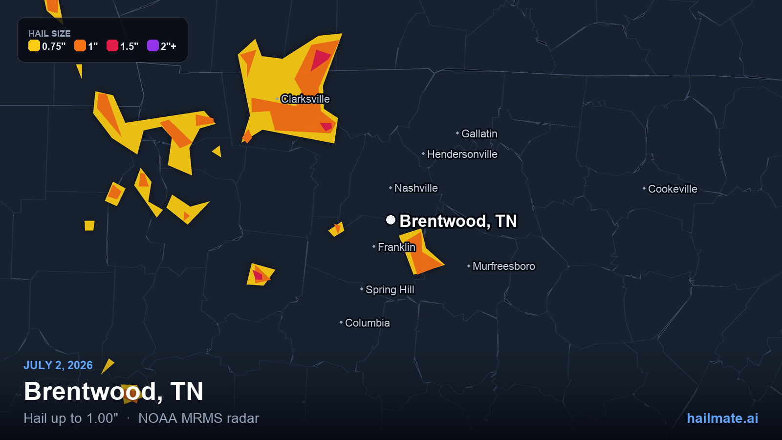 Hail swath map for Brentwood, TN on July 2, 2026 showing 1.00 inch hail.