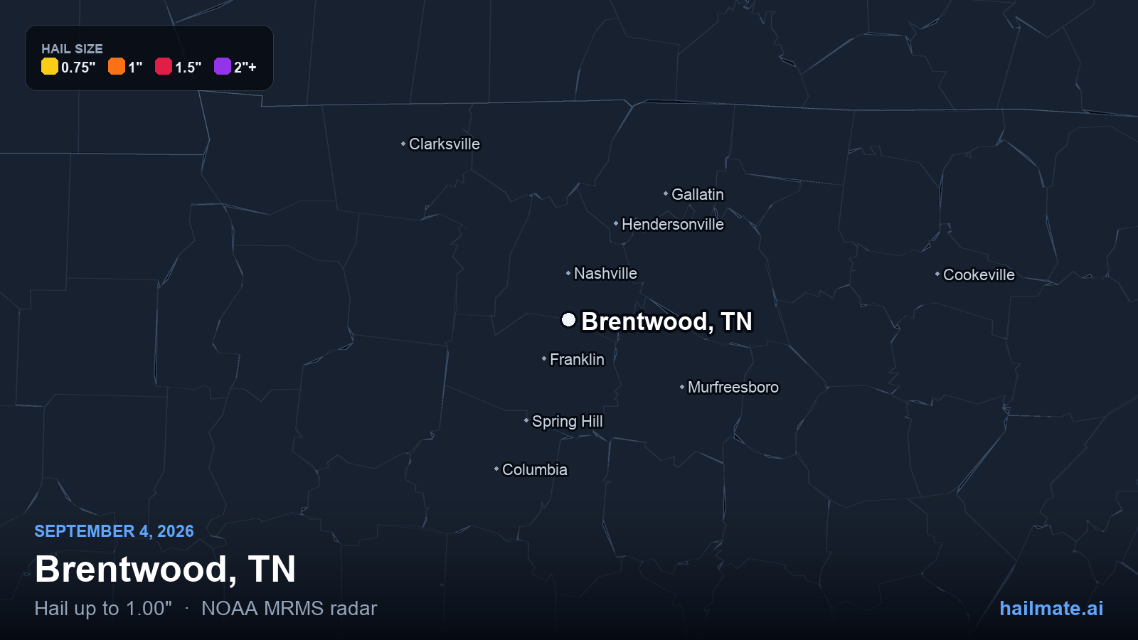 Hail swath map for Brentwood, TN on September 4, 2026 showing 1.00 inch hail.