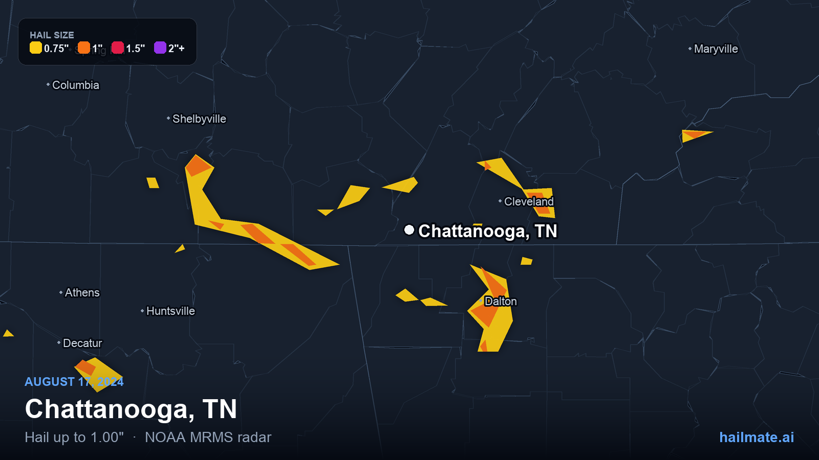 Hail swath map for Chattanooga, TN on August 17, 2024 showing 1.00 inch hail.