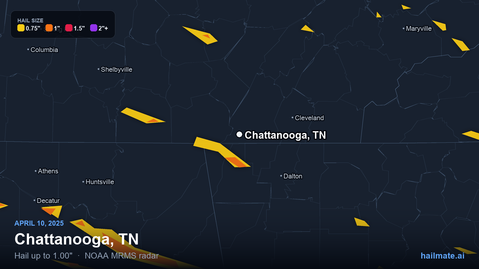Hail swath map for Chattanooga, TN on April 10, 2025 showing 1.00 inch hail.