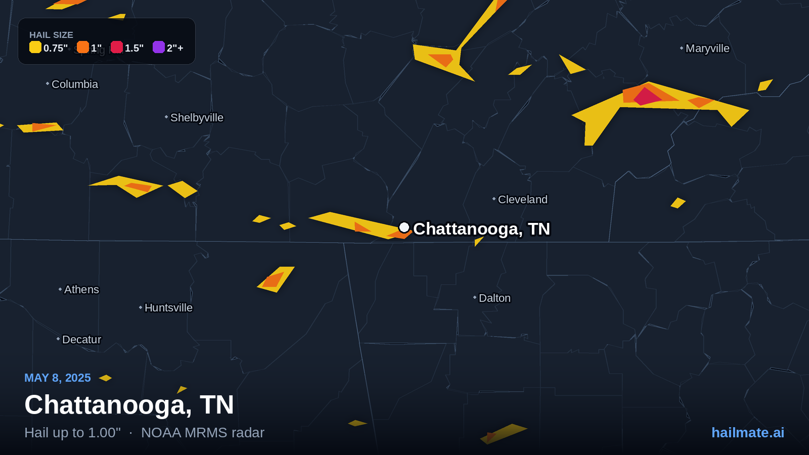 Hail swath map for Chattanooga, TN on May 8, 2025 showing 1.00 inch hail.