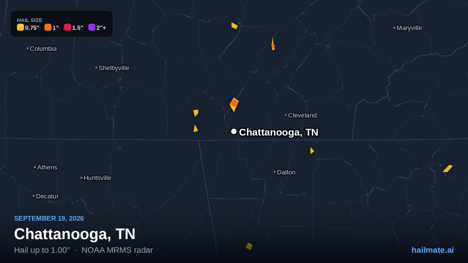 Hail swath map for Chattanooga, TN on September 19, 2026 showing 1.00 inch hail.