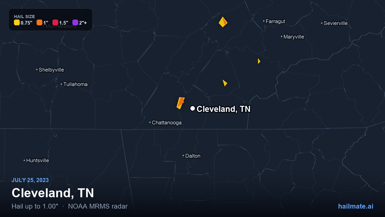 Hail swath map for Cleveland, TN on July 25, 2023 showing 1.00 inch hail.