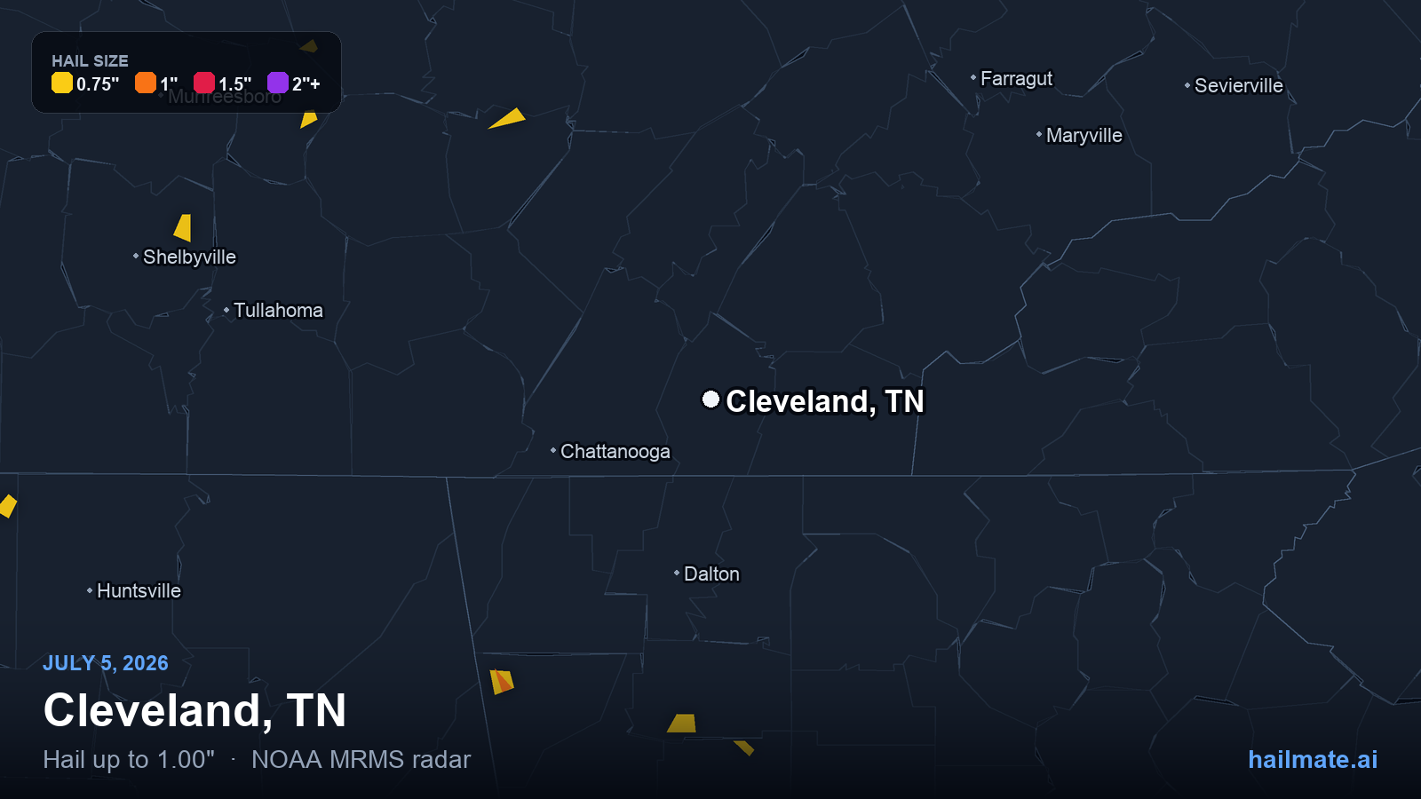 Hail swath map for Cleveland, TN on July 5, 2026 showing 1.00 inch hail.