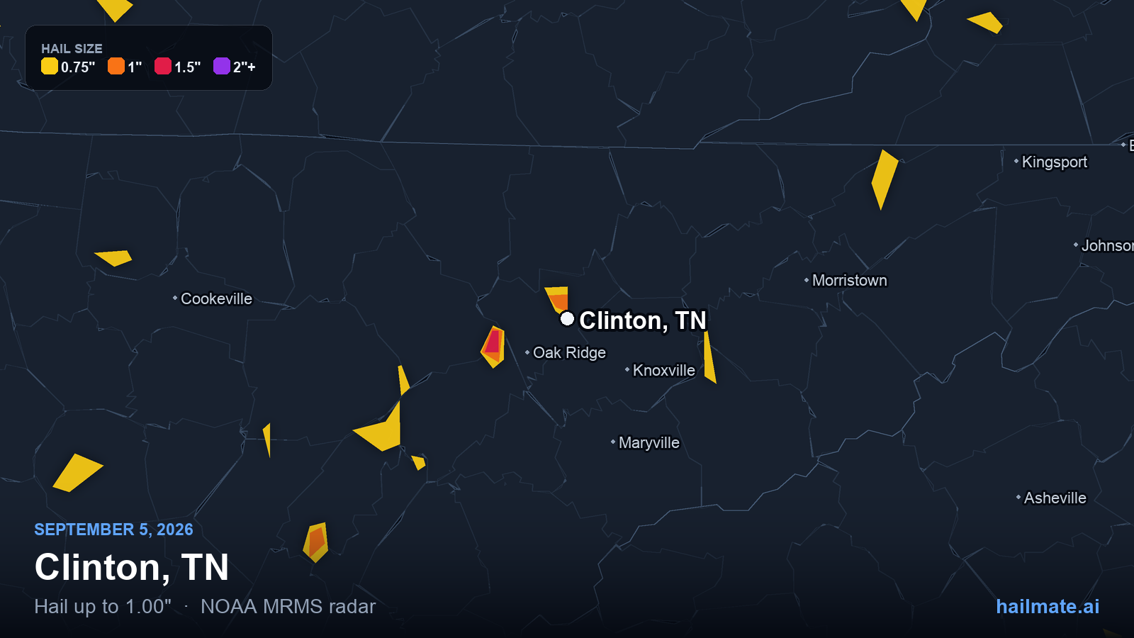 Hail swath map for Clinton, TN on September 5, 2026 showing 1.00 inch hail.