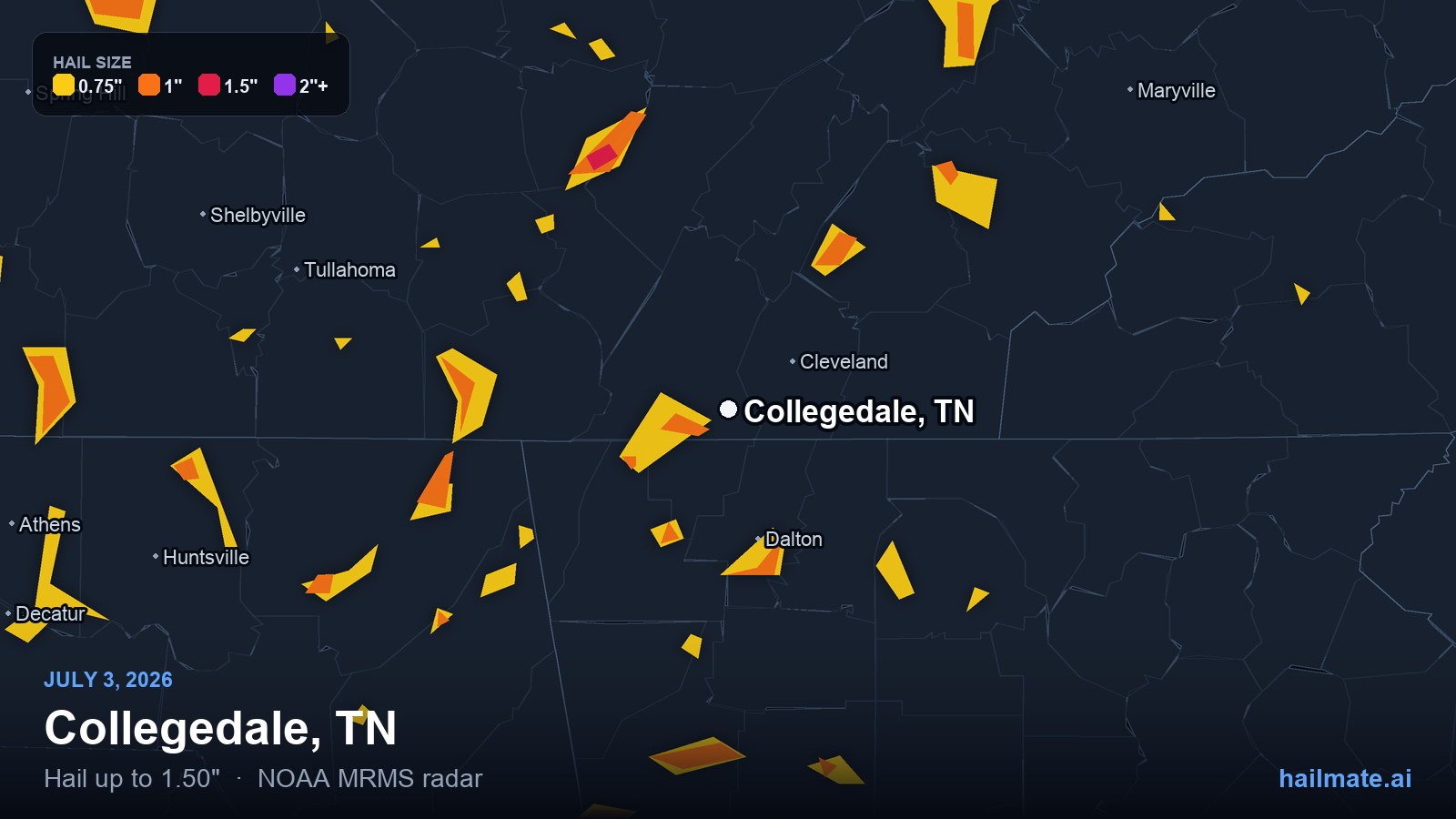 Hail swath map for Collegedale, TN on July 3, 2026 showing 1.50 inch hail.