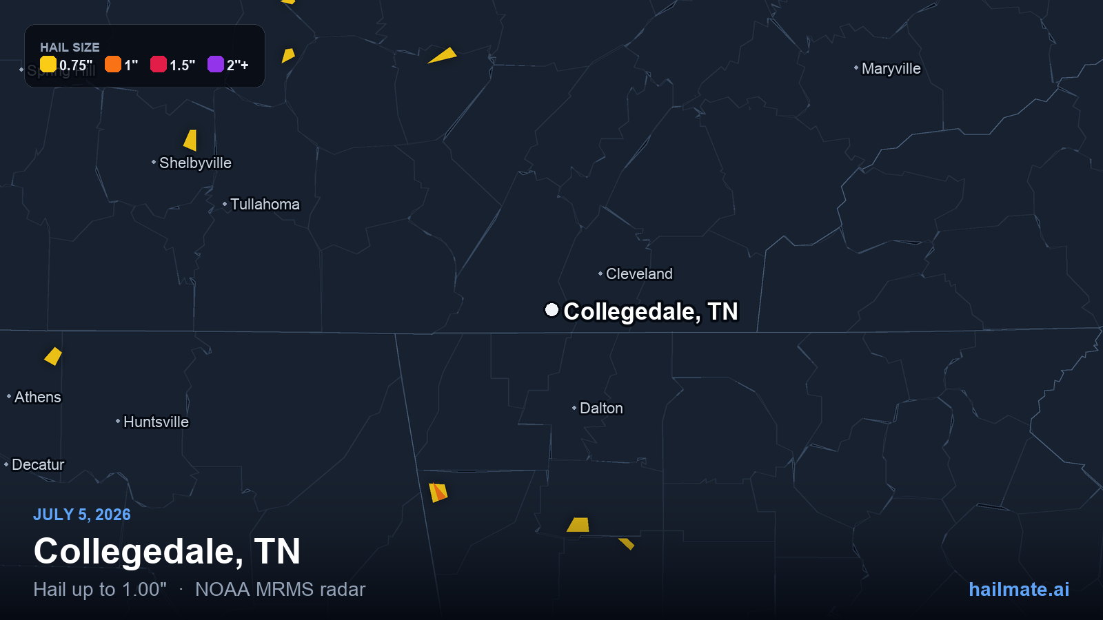 Hail swath map for Collegedale, TN on July 5, 2026 showing 1.00 inch hail.