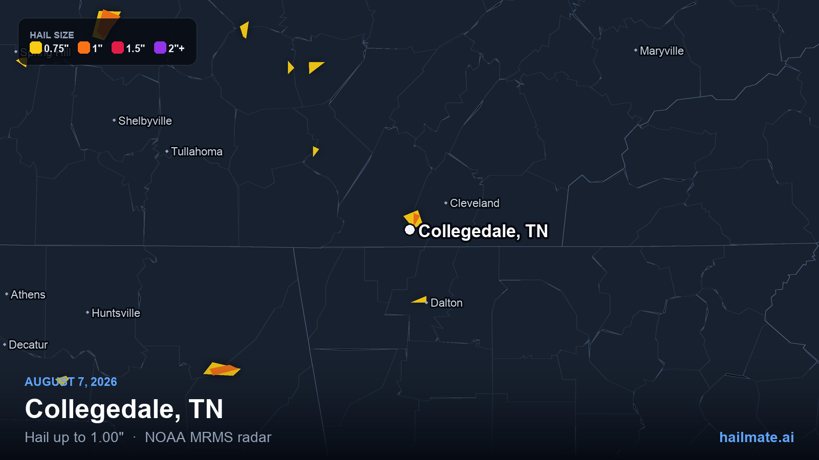 Hail swath map for Collegedale, TN on August 7, 2026 showing 1.00 inch hail.
