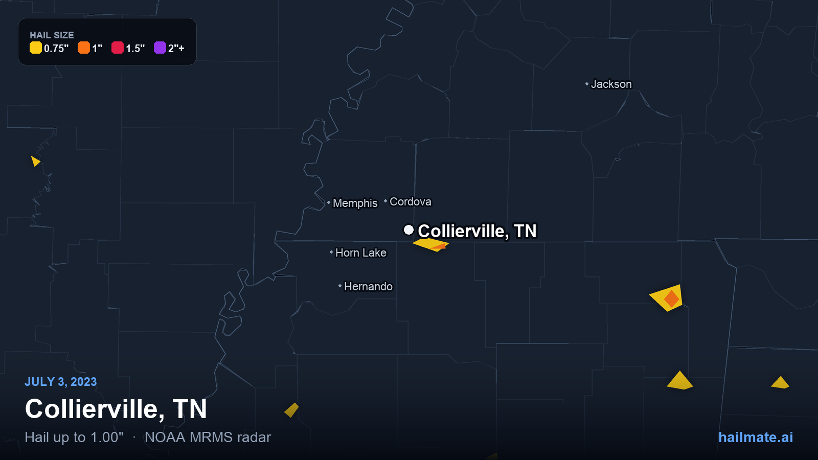 Hail swath map for Collierville, TN on July 3, 2023 showing 1.00 inch hail.