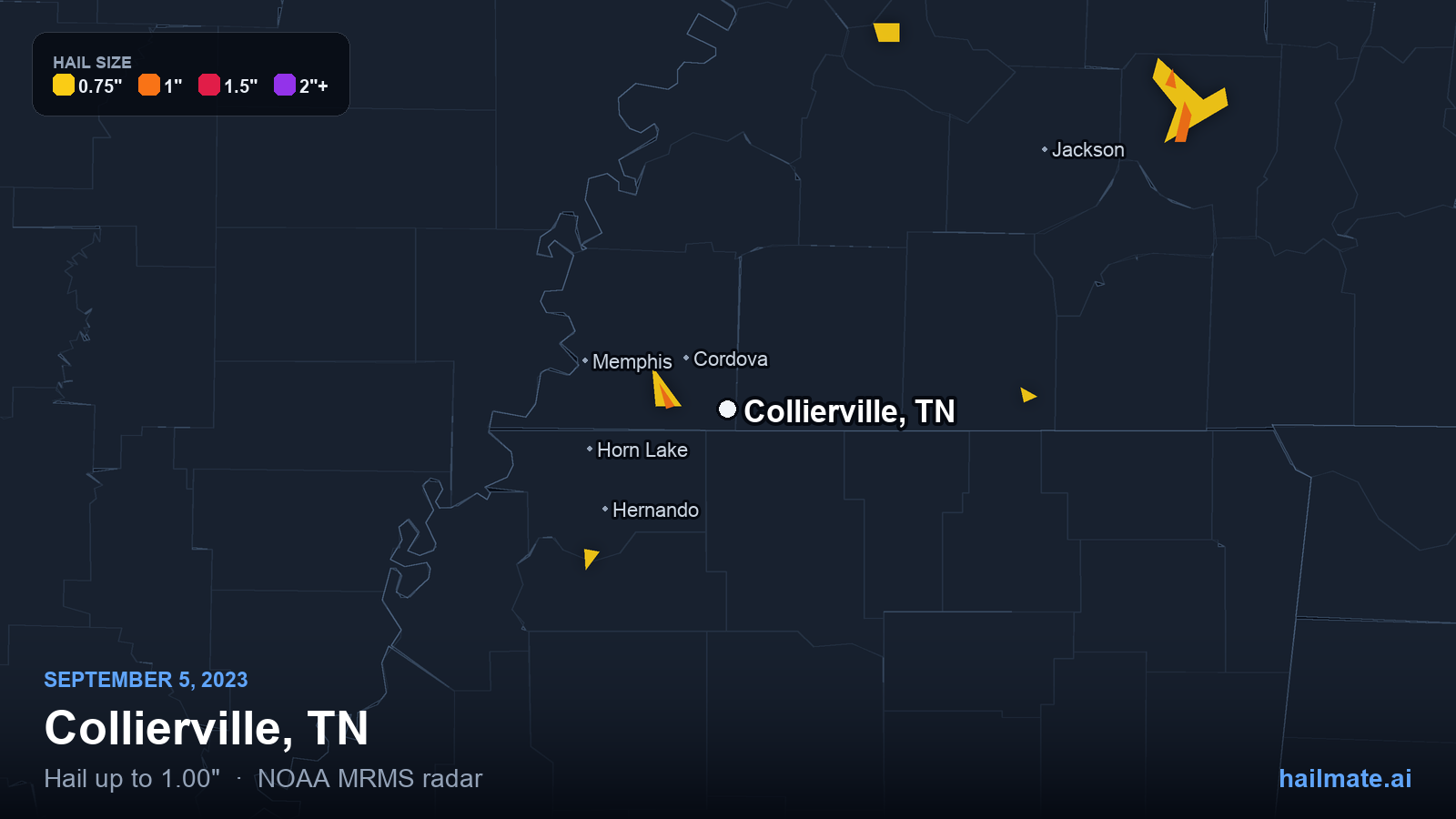 Hail swath map for Collierville, TN on September 5, 2023 showing 1.00 inch hail.