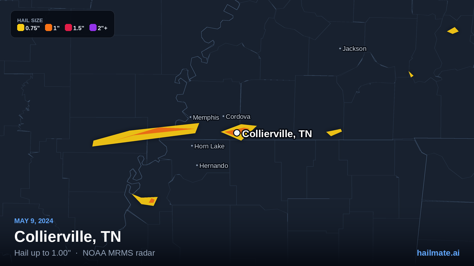 Hail swath map for Collierville, TN on May 9, 2024 showing 1.00 inch hail.
