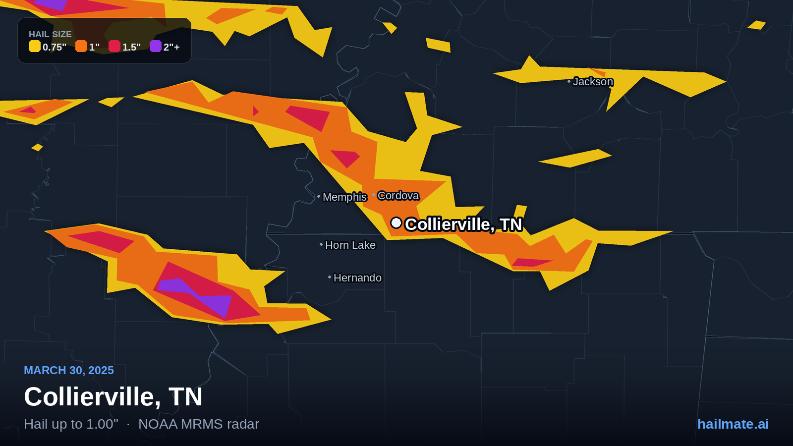 Hail swath map for Collierville, TN on March 30, 2025 showing 1.00 inch hail.