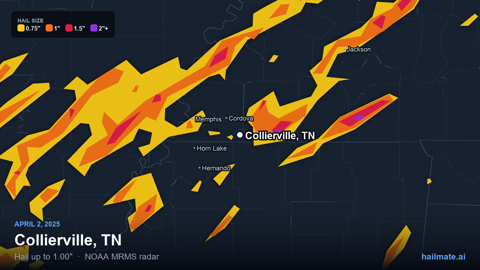 Hail swath map for Collierville, TN on April 2, 2025 showing 1.00 inch hail.