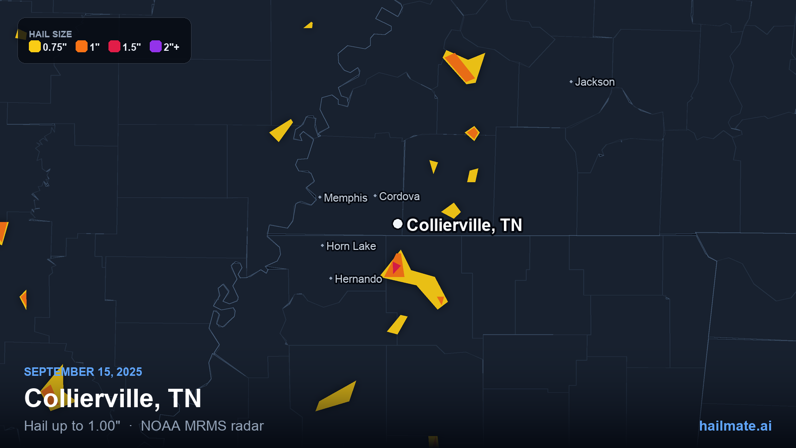 Hail swath map for Collierville, TN on September 15, 2025 showing 1.00 inch hail.
