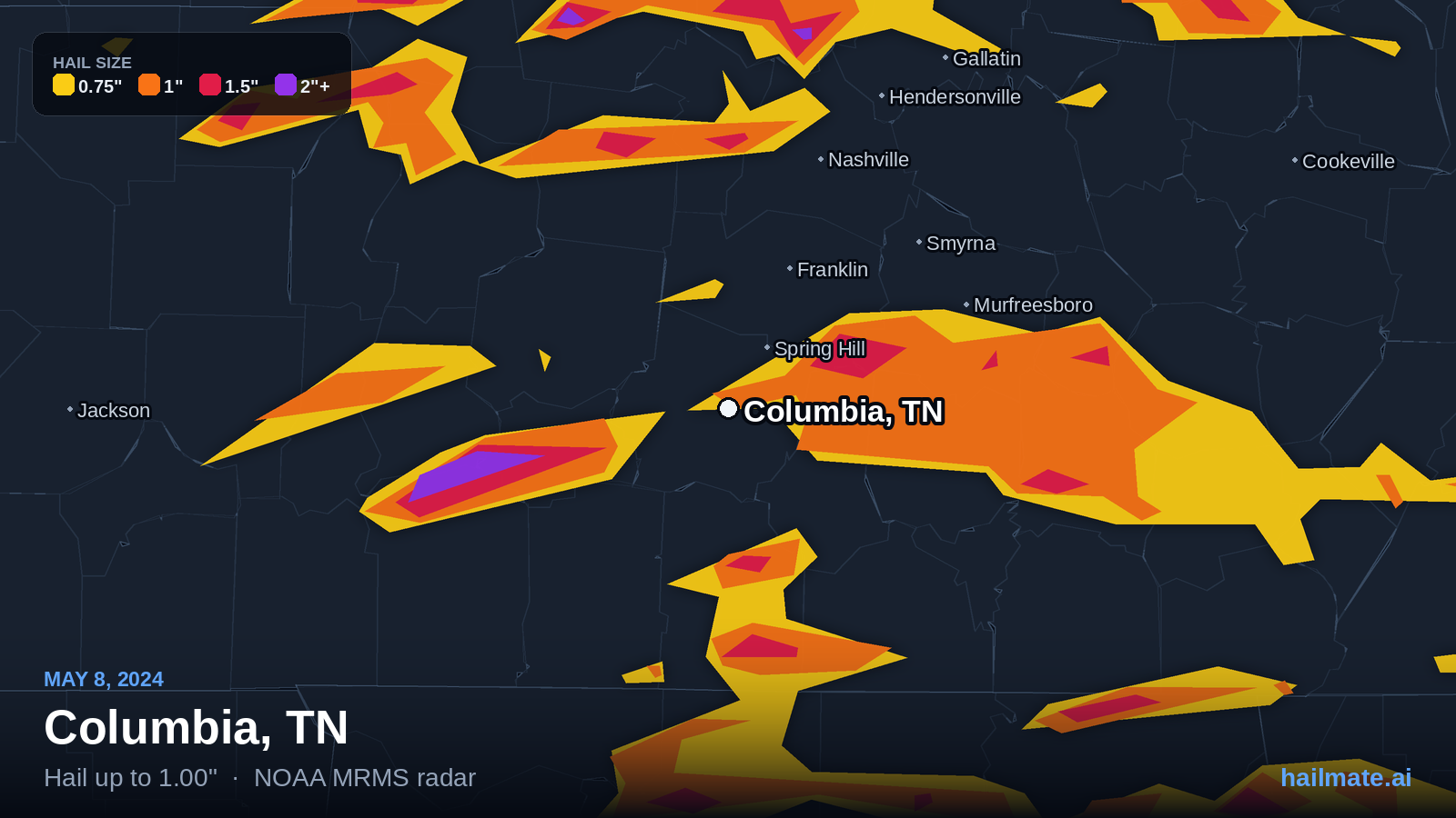 Hail swath map for Columbia, TN on May 8, 2024 showing 1.00 inch hail.