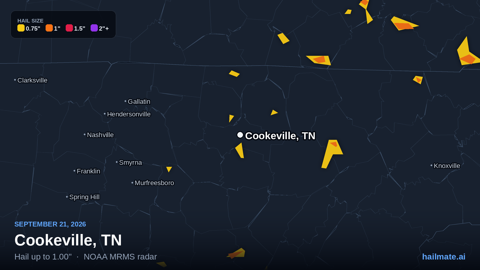 Hail swath map for Cookeville, TN on September 21, 2026 showing 1.00 inch hail.
