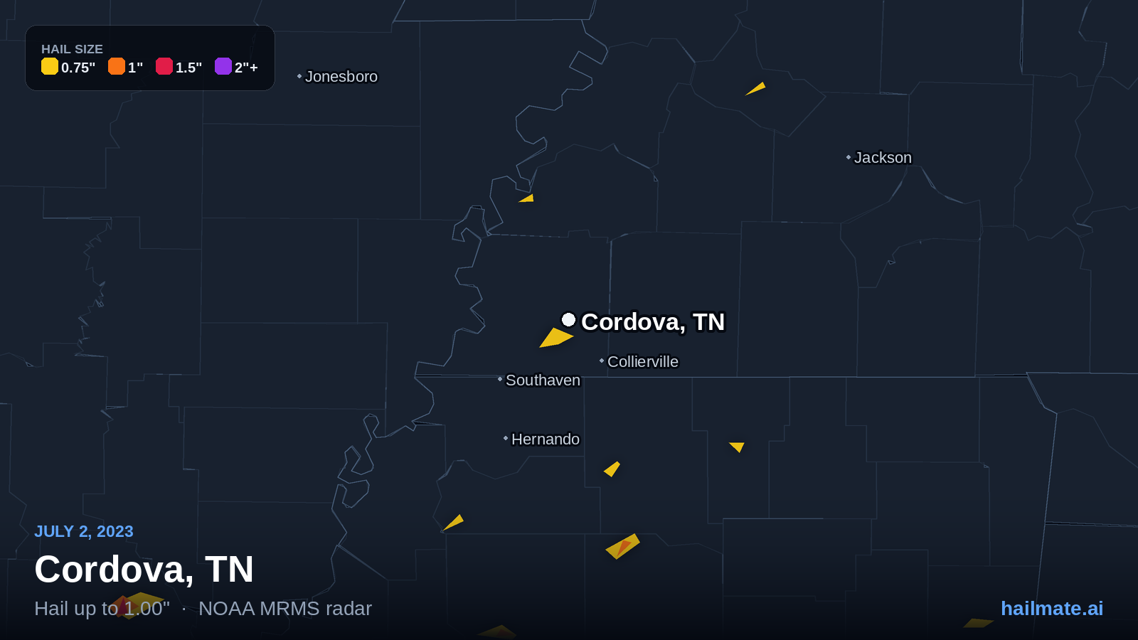 Hail swath map for Cordova, TN on July 2, 2023 showing 1.00 inch hail.