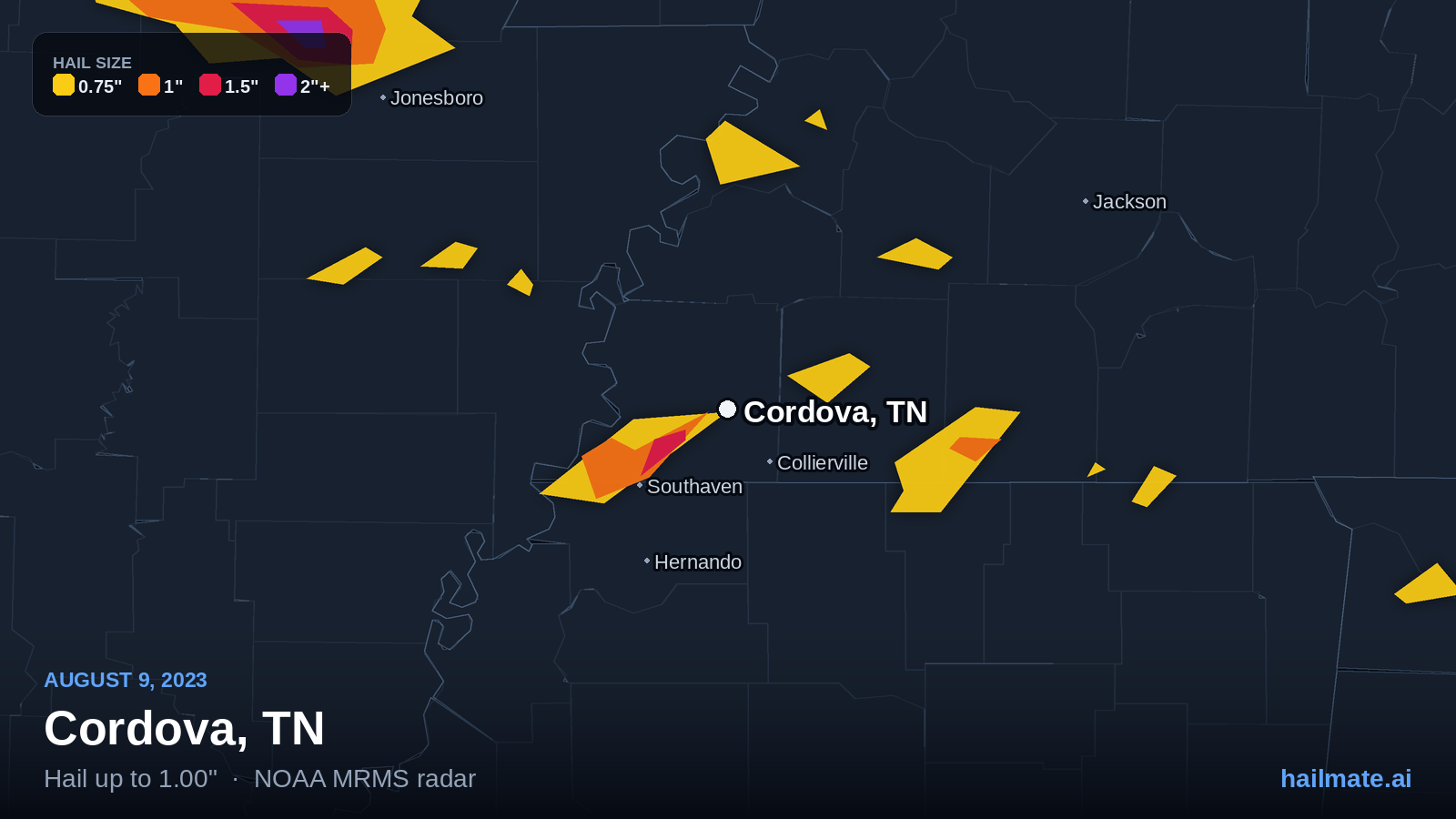 Hail swath map for Cordova, TN on August 9, 2023 showing 1.00 inch hail.