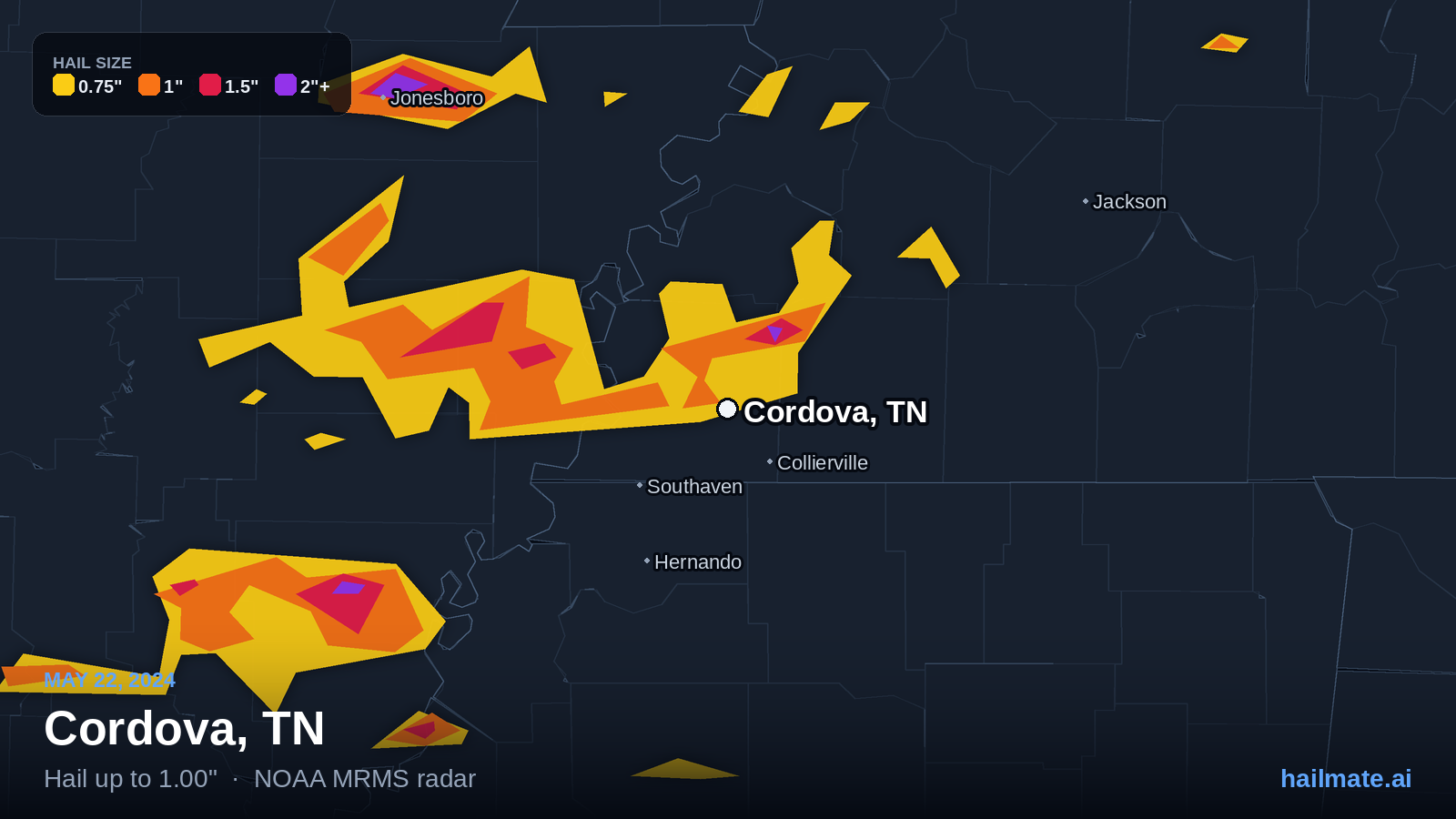 Hail swath map for Cordova, TN on May 22, 2024 showing 1.00 inch hail.