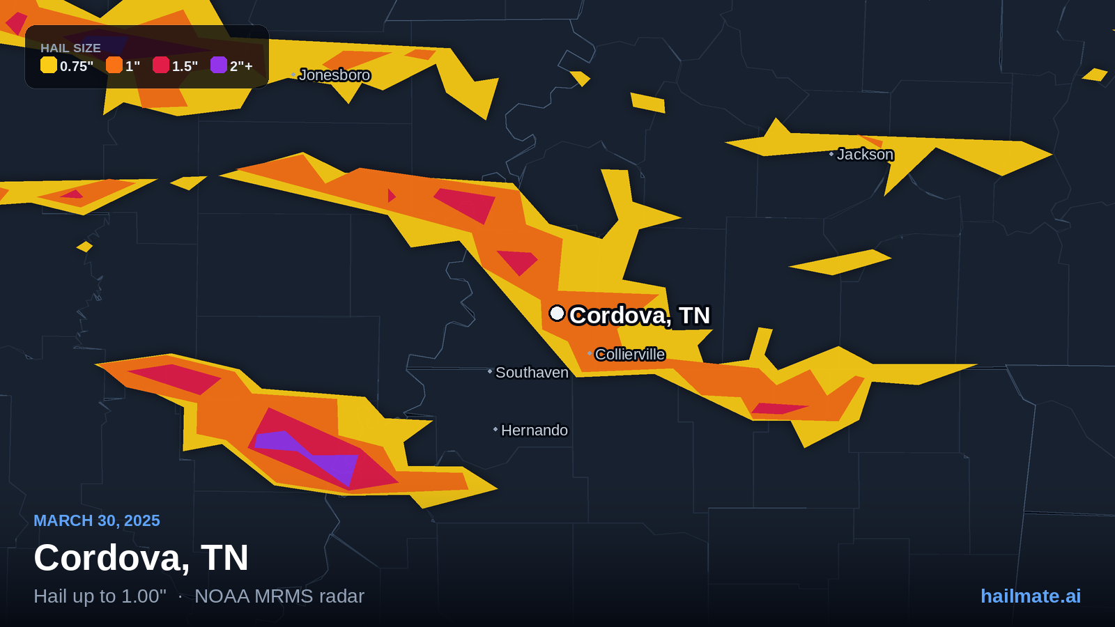 Hail swath map for Cordova, TN on March 30, 2025 showing 1.00 inch hail.