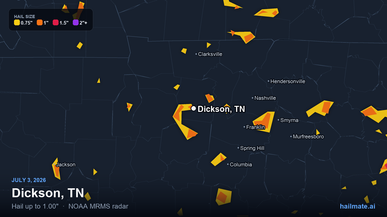 Hail swath map for Dickson, TN on July 3, 2026 showing 1.00 inch hail.