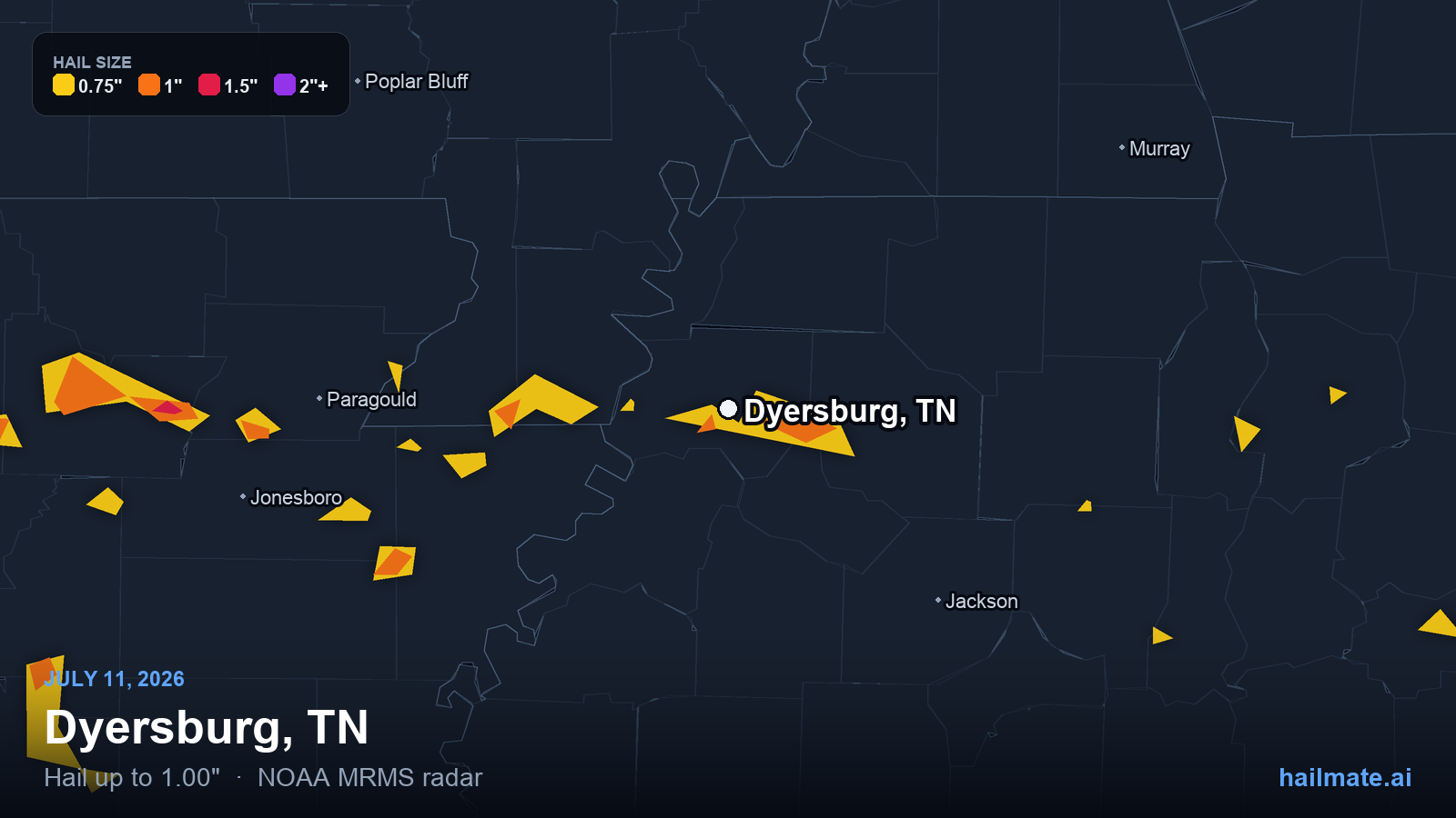 Hail swath map for Dyersburg, TN on July 11, 2026 showing 1.00 inch hail.