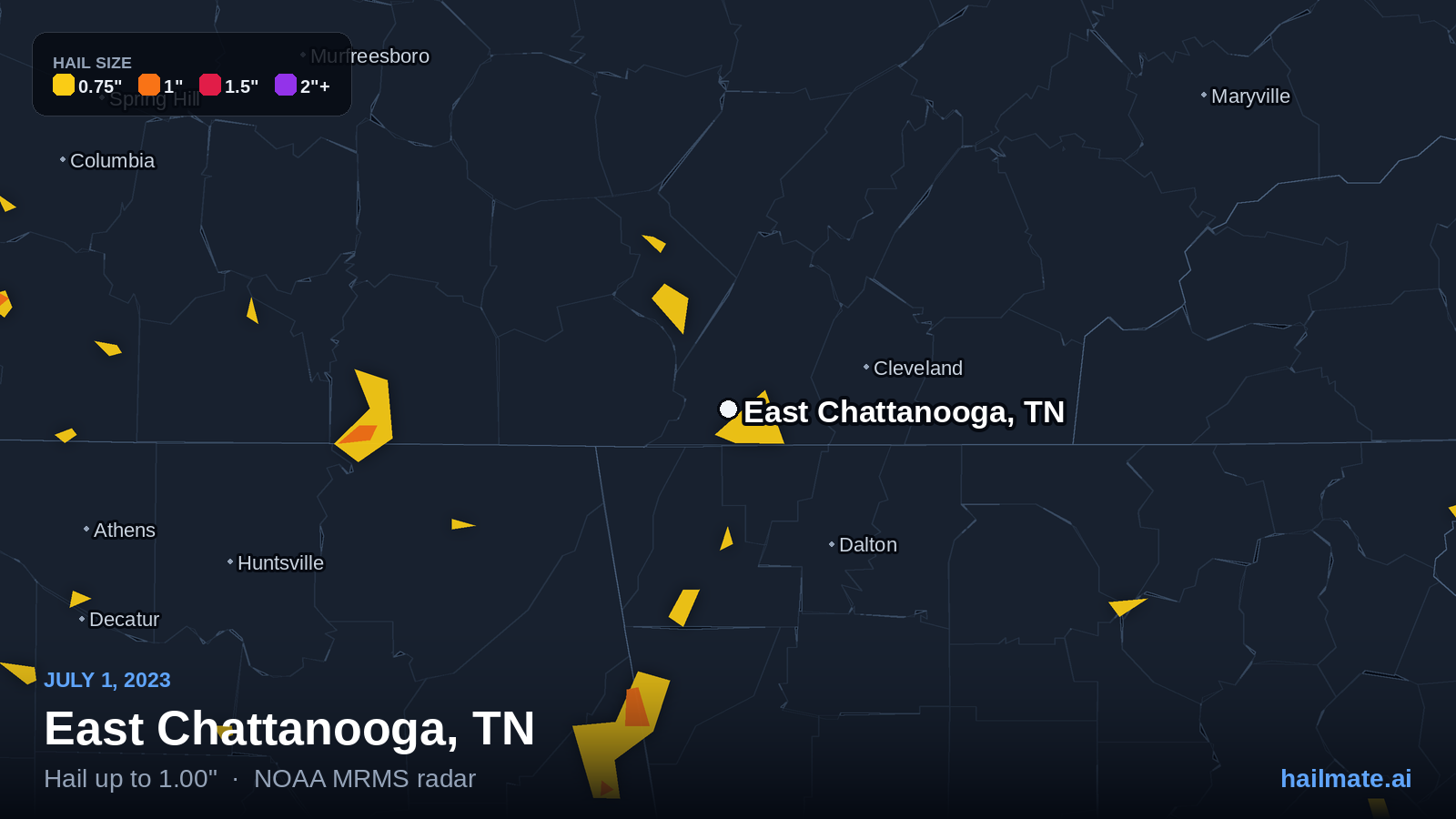 Hail swath map for East Chattanooga, TN on July 1, 2023 showing 1.00 inch hail.