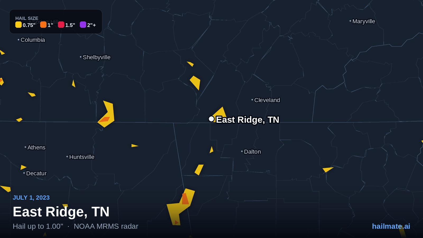 Hail swath map for East Ridge, TN on July 1, 2023 showing 1.00 inch hail.