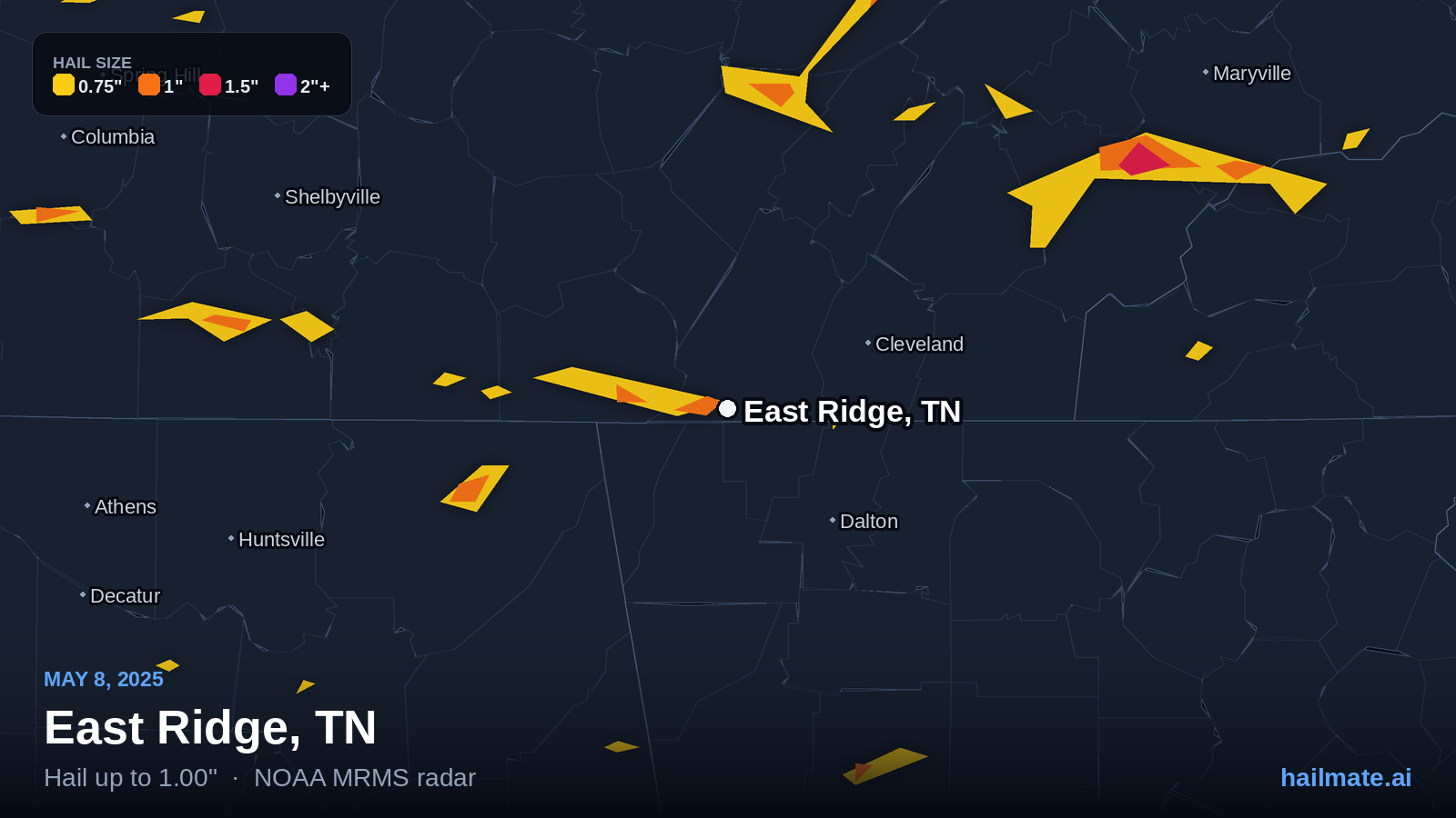 Hail swath map for East Ridge, TN on May 8, 2025 showing 1.00 inch hail.