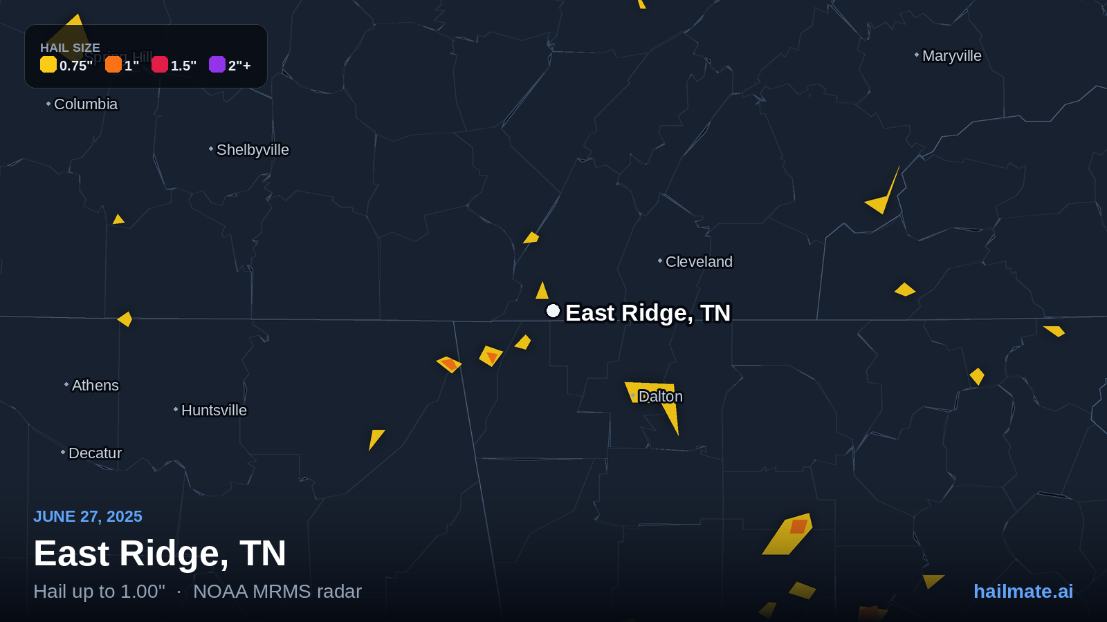 Hail swath map for East Ridge, TN on June 27, 2025 showing 1.00 inch hail.