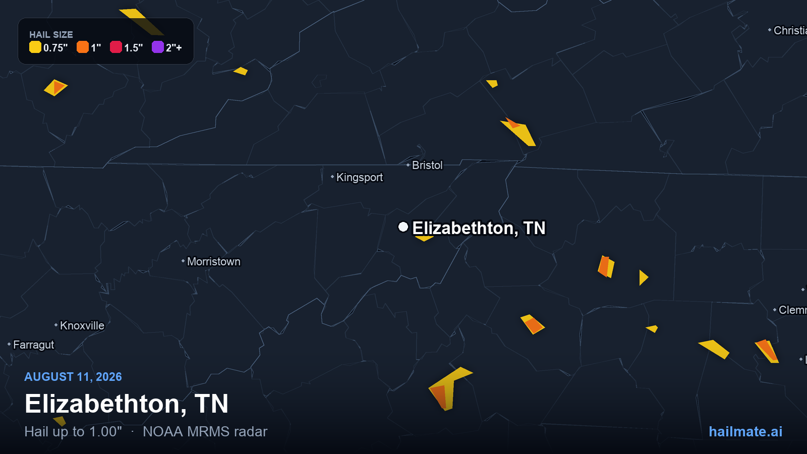 Hail swath map for Elizabethton, TN on August 11, 2026 showing 1.00 inch hail.