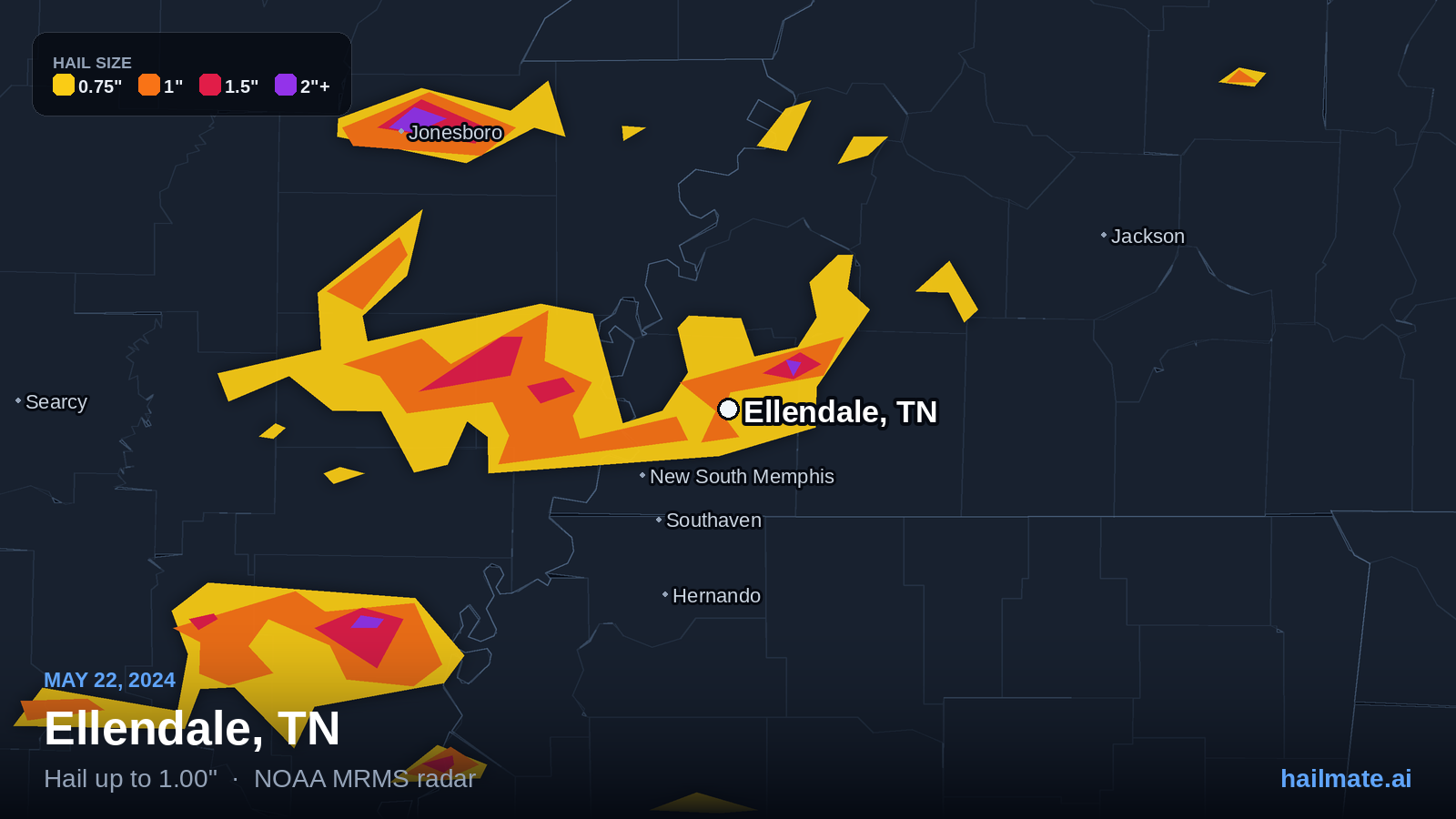 Hail swath map for Ellendale, TN on May 22, 2024 showing 1.00 inch hail.