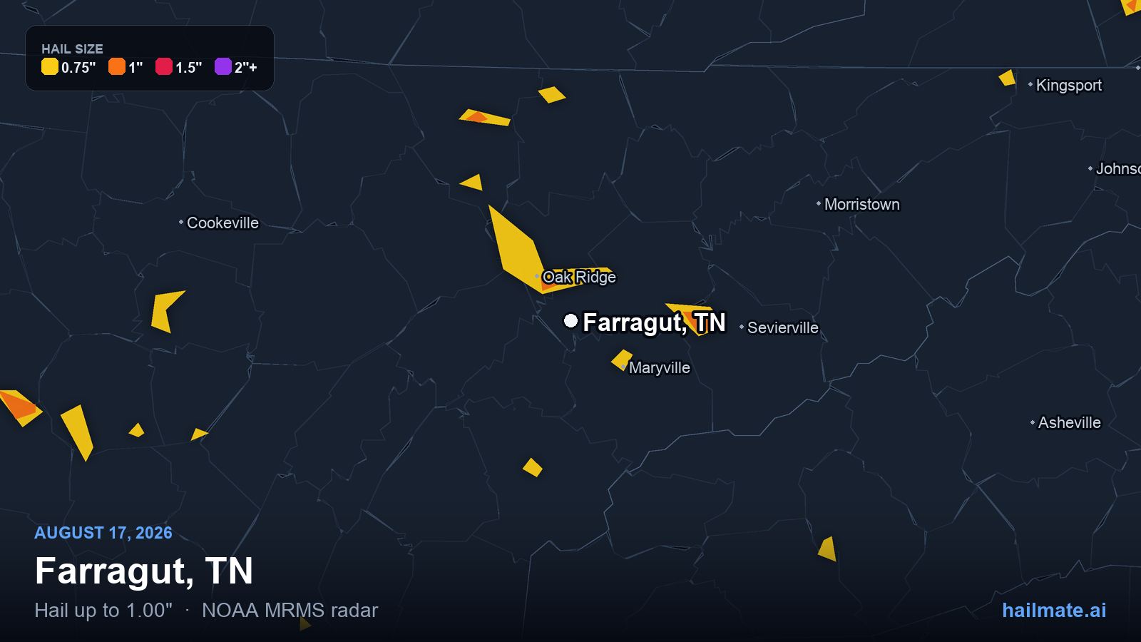 Hail swath map for Farragut, TN on August 17, 2026 showing 1.00 inch hail.