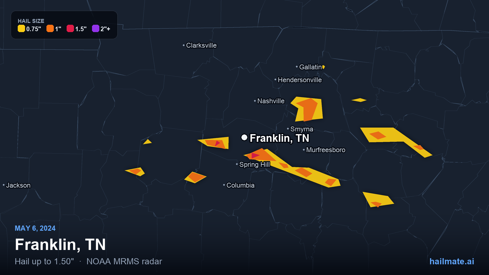 Hail swath map for Franklin, TN on May 6, 2024 showing 1.50 inch hail.