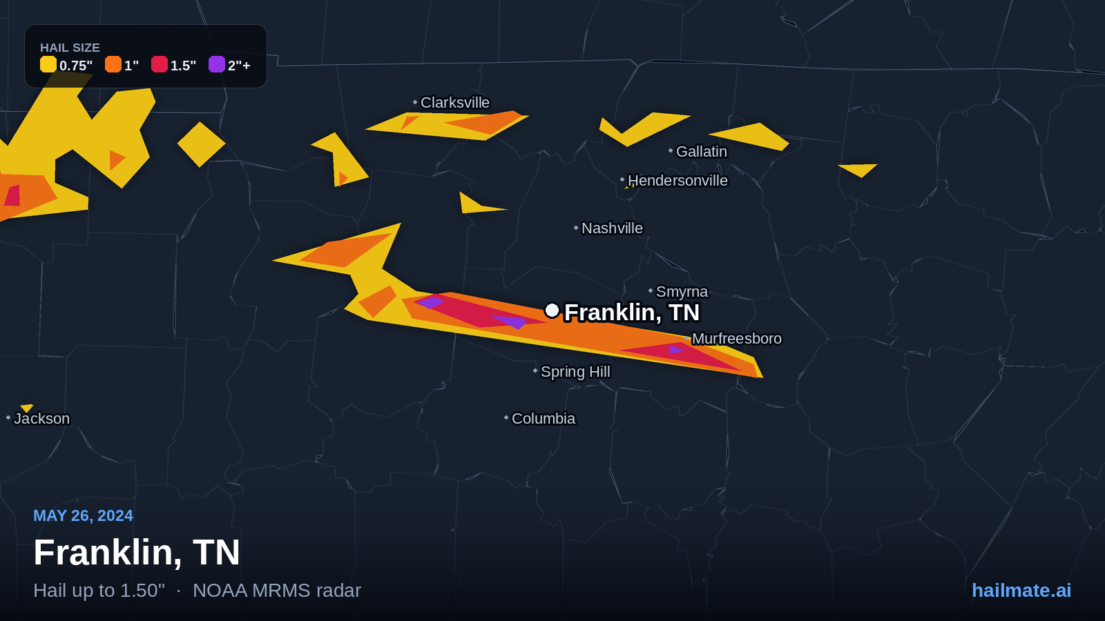 Hail swath map for Franklin, TN on May 26, 2024 showing 1.50 inch hail.