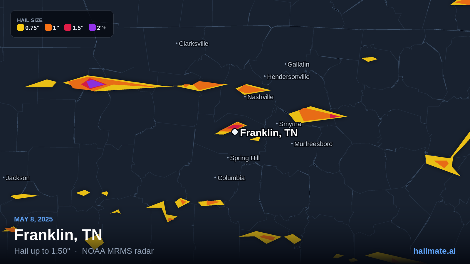 Hail swath map for Franklin, TN on May 8, 2025 showing 1.50 inch hail.