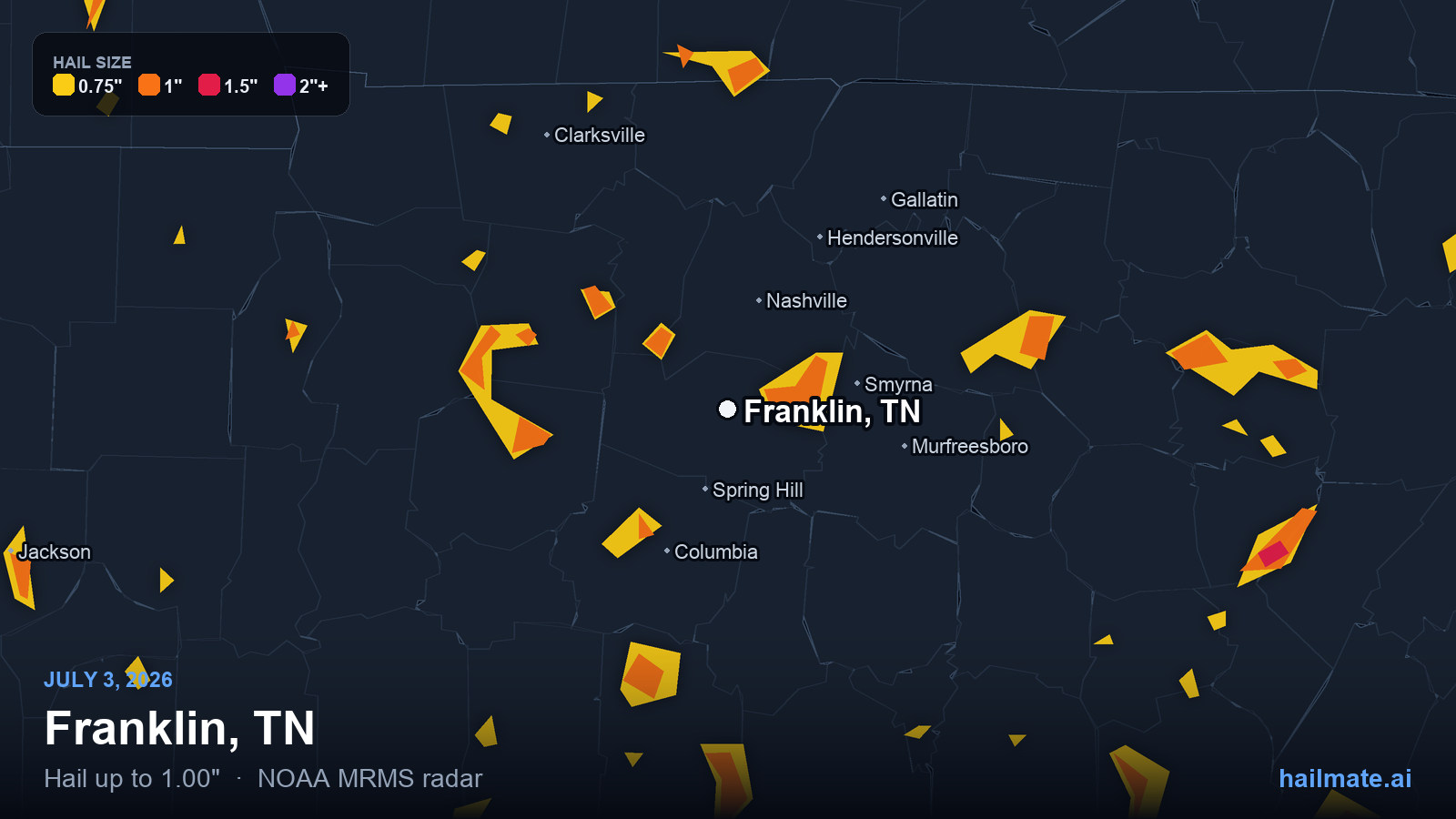 Hail swath map for Franklin, TN on July 3, 2026 showing 1.00 inch hail.