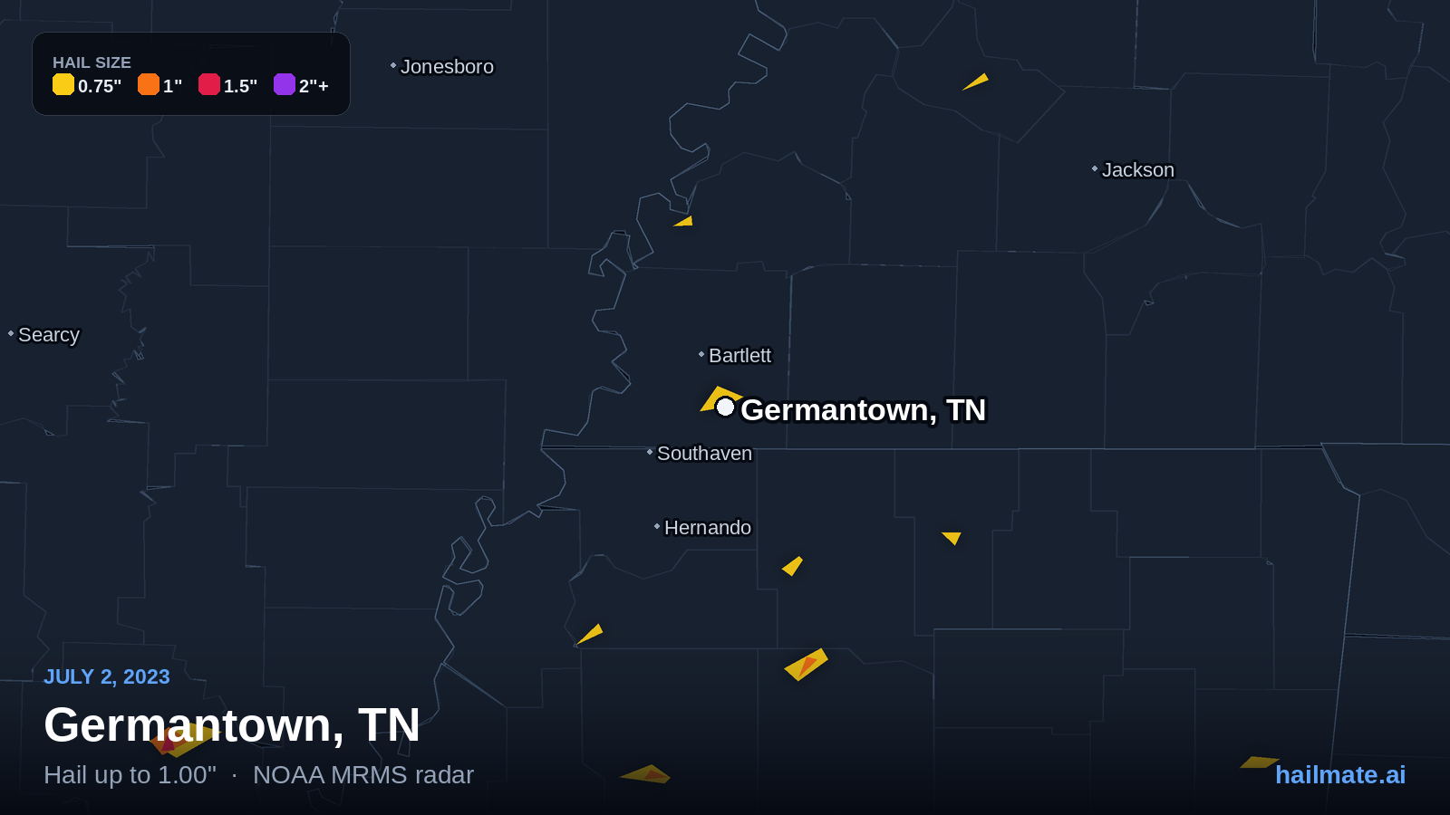 Hail swath map for Germantown, TN on July 2, 2023 showing 1.00 inch hail.