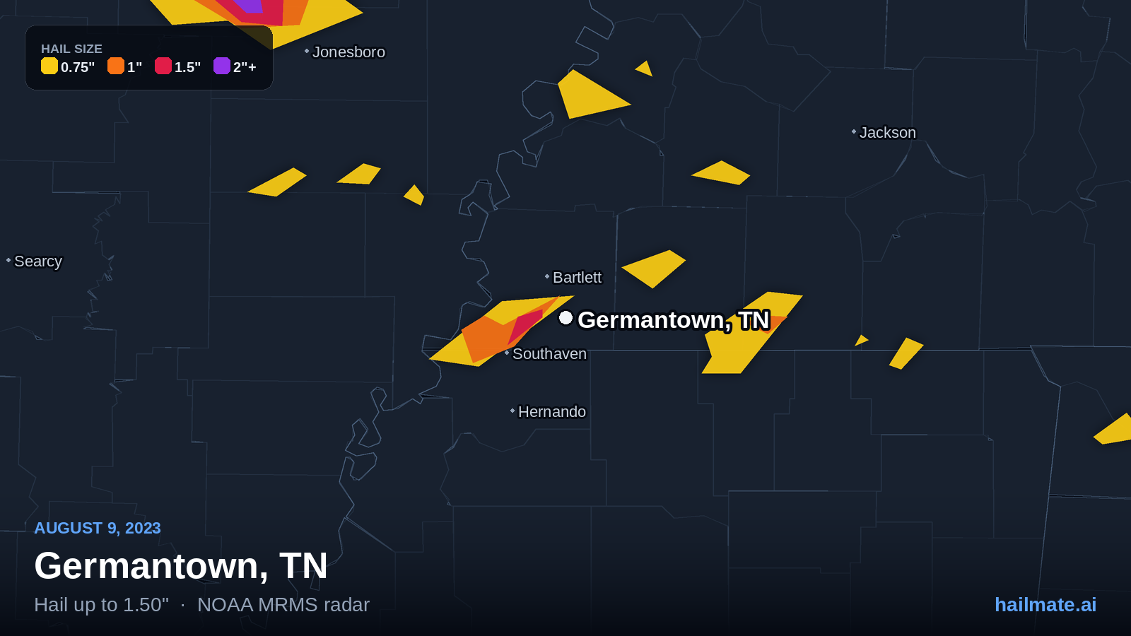 Hail swath map for Germantown, TN on August 9, 2023 showing 1.50 inch hail.