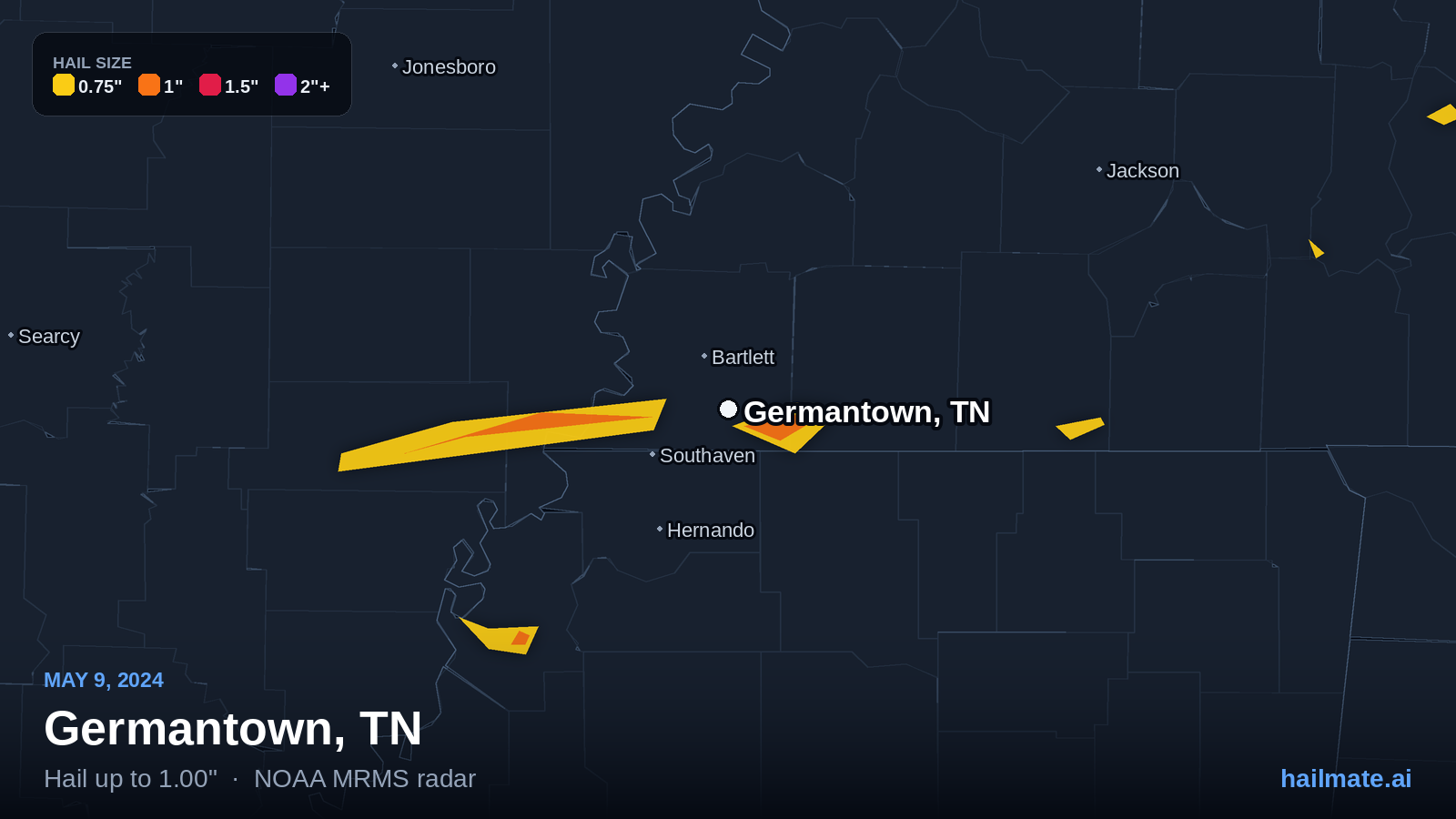 Hail swath map for Germantown, TN on May 9, 2024 showing 1.00 inch hail.