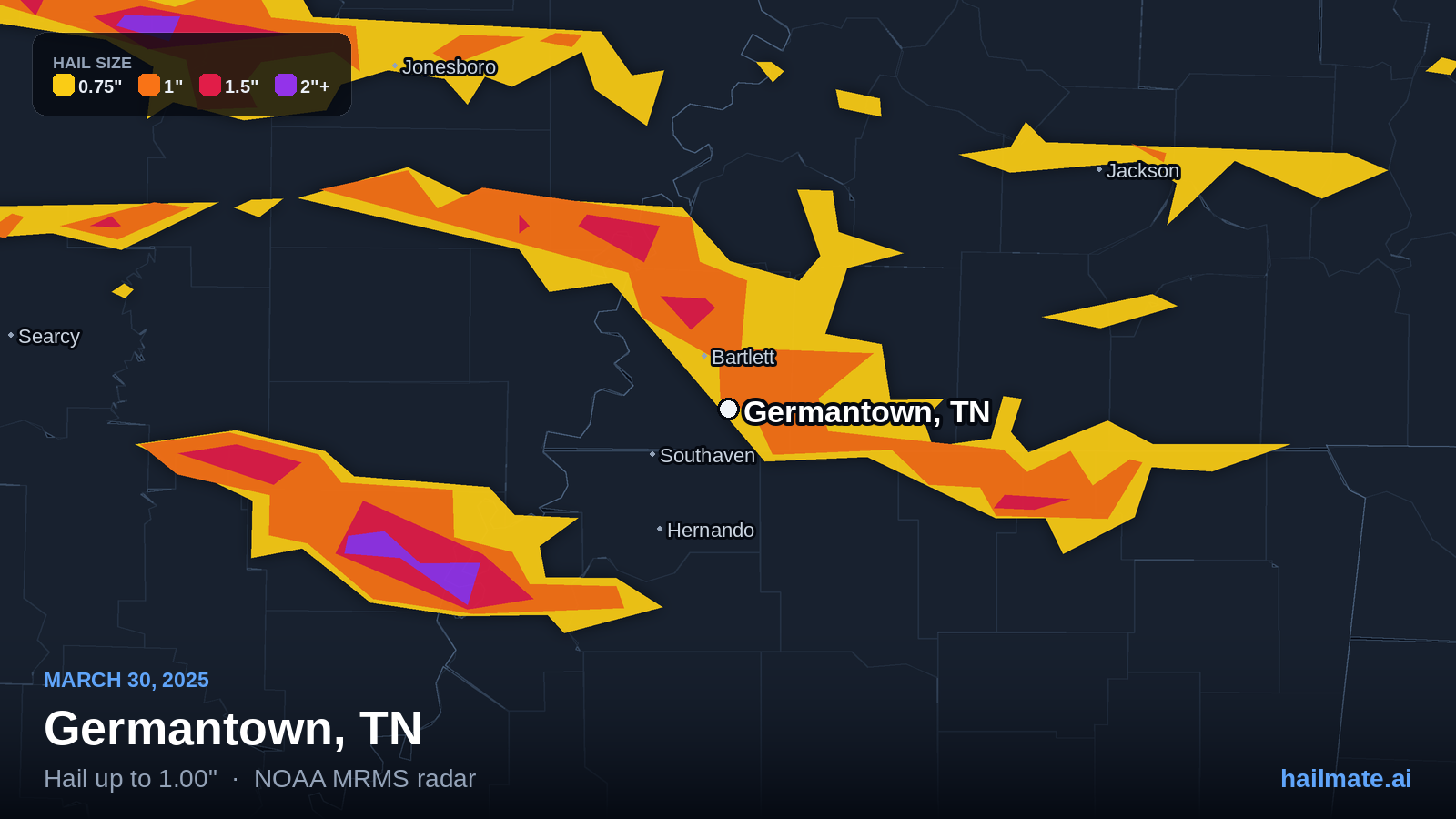 Hail swath map for Germantown, TN on March 30, 2025 showing 1.00 inch hail.