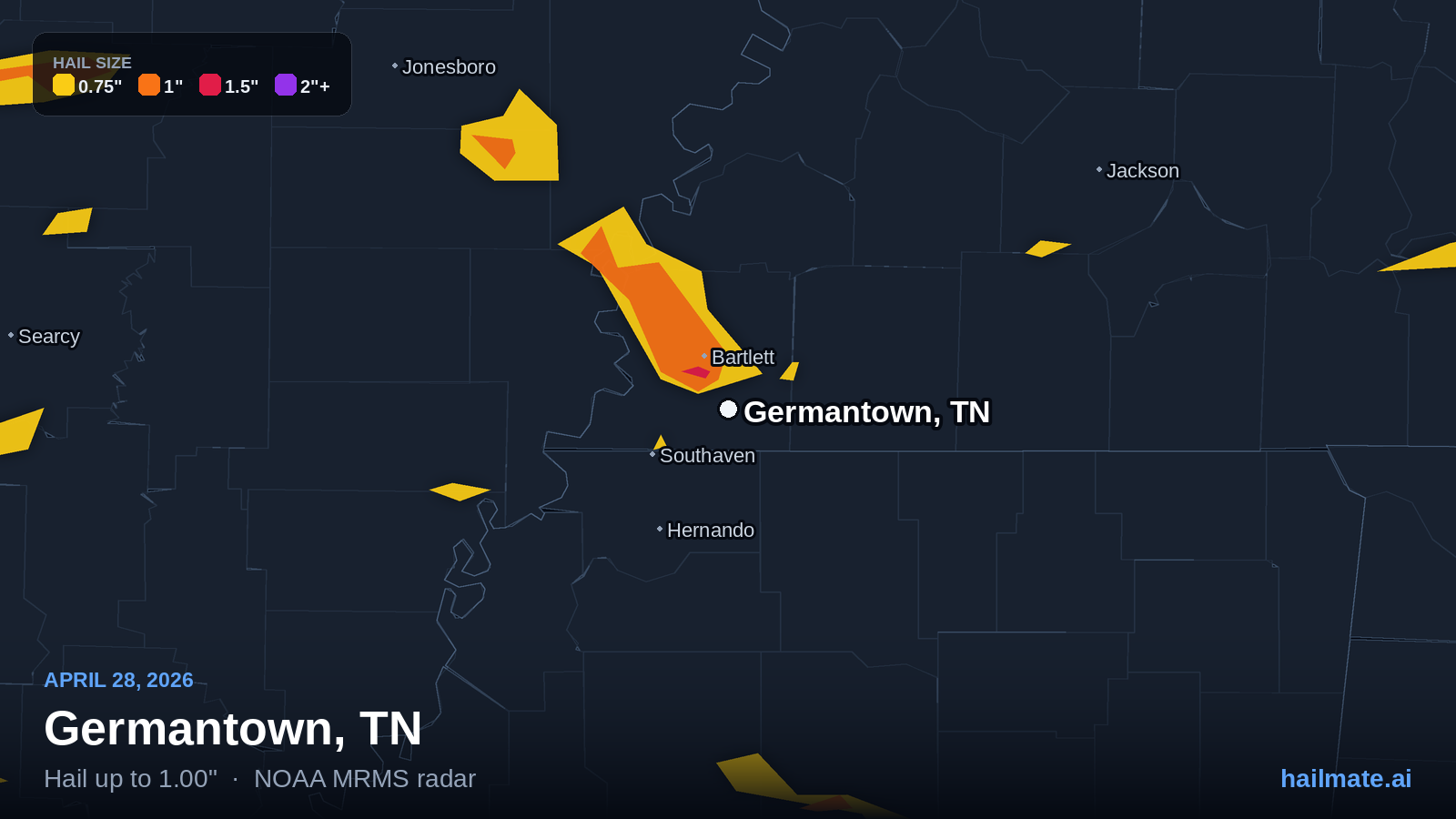 Hail swath map for Germantown, TN on April 28, 2026 showing 1.00 inch hail.