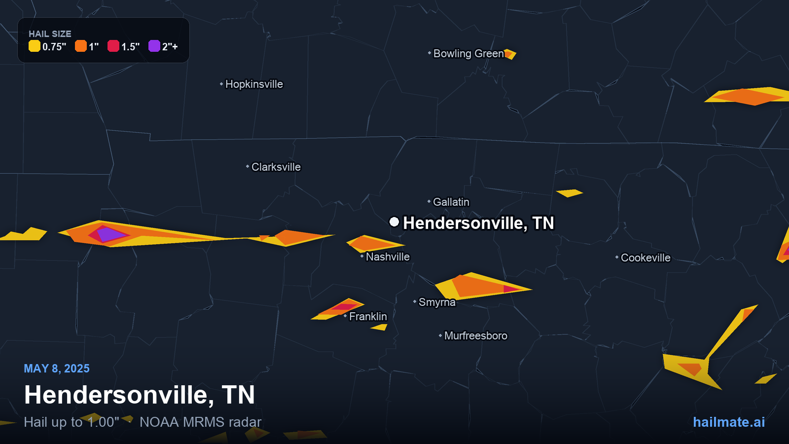 Hail swath map for Hendersonville, TN on May 8, 2025 showing 1.00 inch hail.
