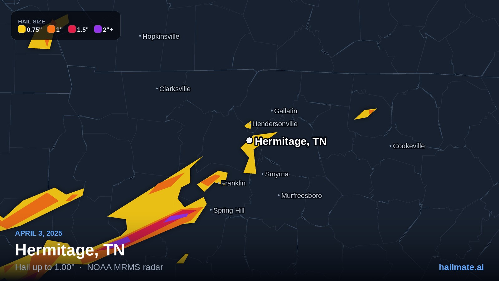 Hail swath map for Hermitage, TN on April 3, 2025 showing 1.00 inch hail.