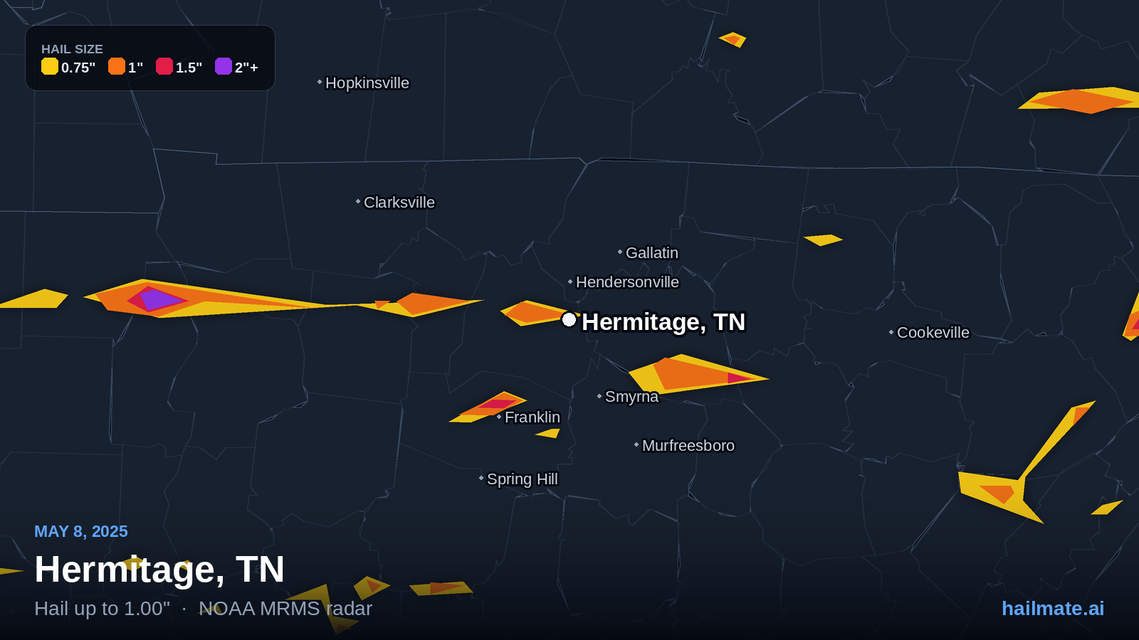 Hail swath map for Hermitage, TN on May 8, 2025 showing 1.00 inch hail.