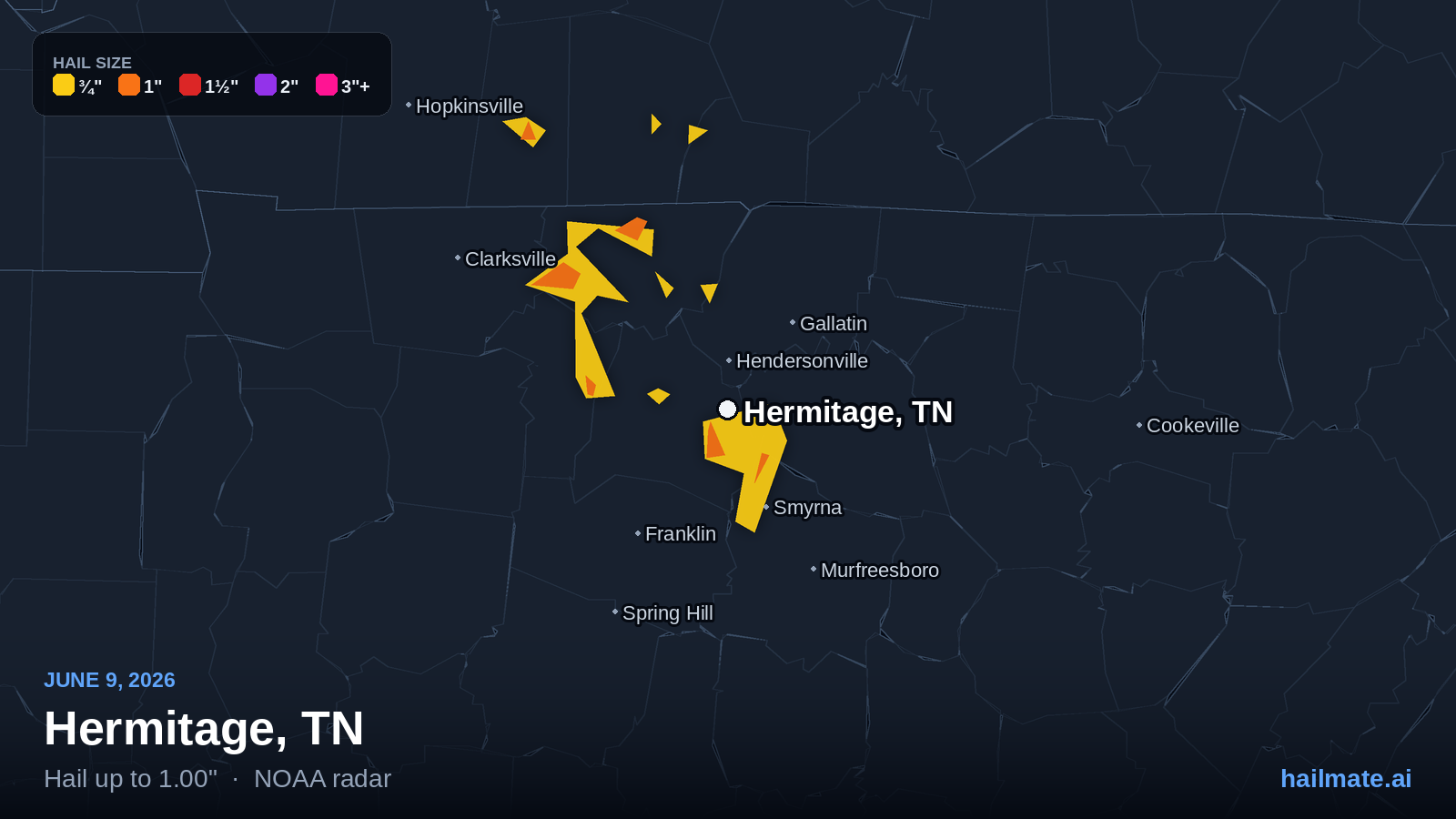 Hail swath map for Hermitage, TN on June 9, 2026 showing 1.00 inch hail.